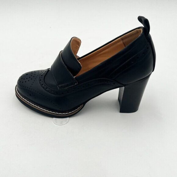 YDN Black Chunky High Heels Round Toe Oxford Loafer Shoe - Picture 2 of 6
